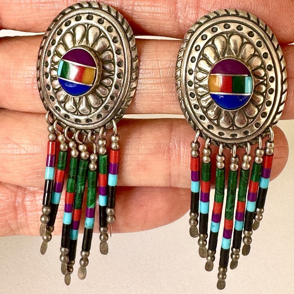 Earrings Turquoise Multi Stone 925 Sterling Silver Signed QT Southwest Inlay